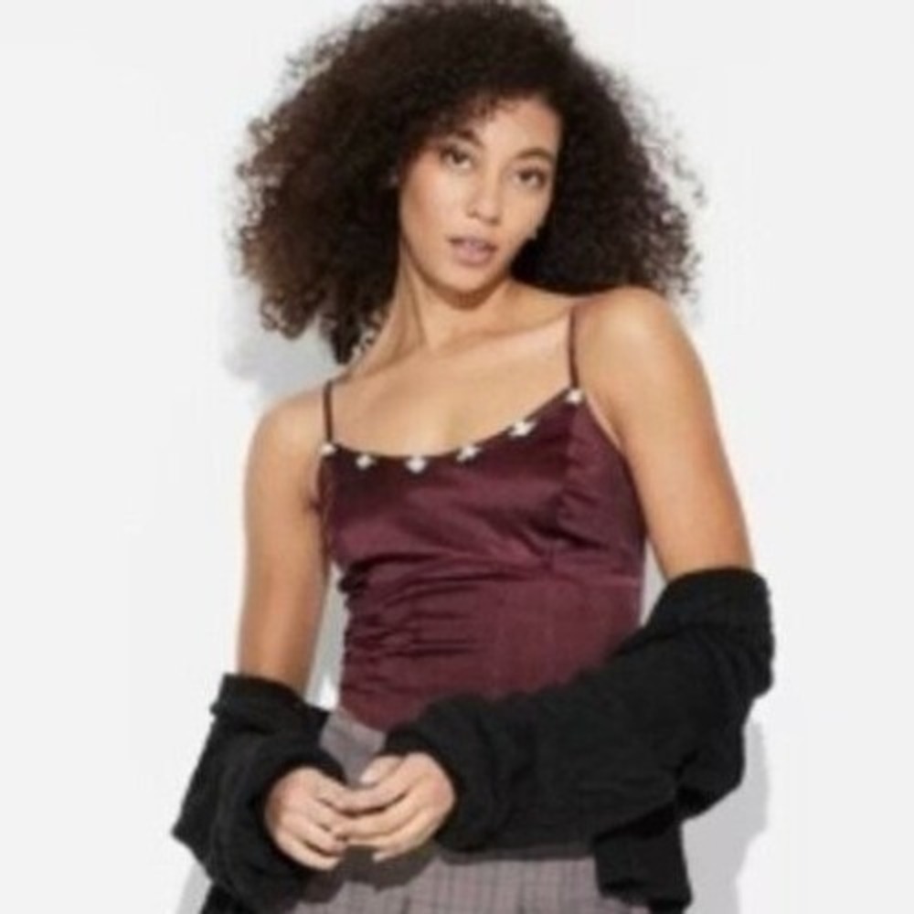 Wild Fable Satin Rosette Corset Top Velvet Burgundy‎ Ruched Adjustable Large